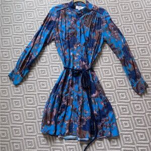 Blue Floral Tiered Long-Sleeve Shirt Dress